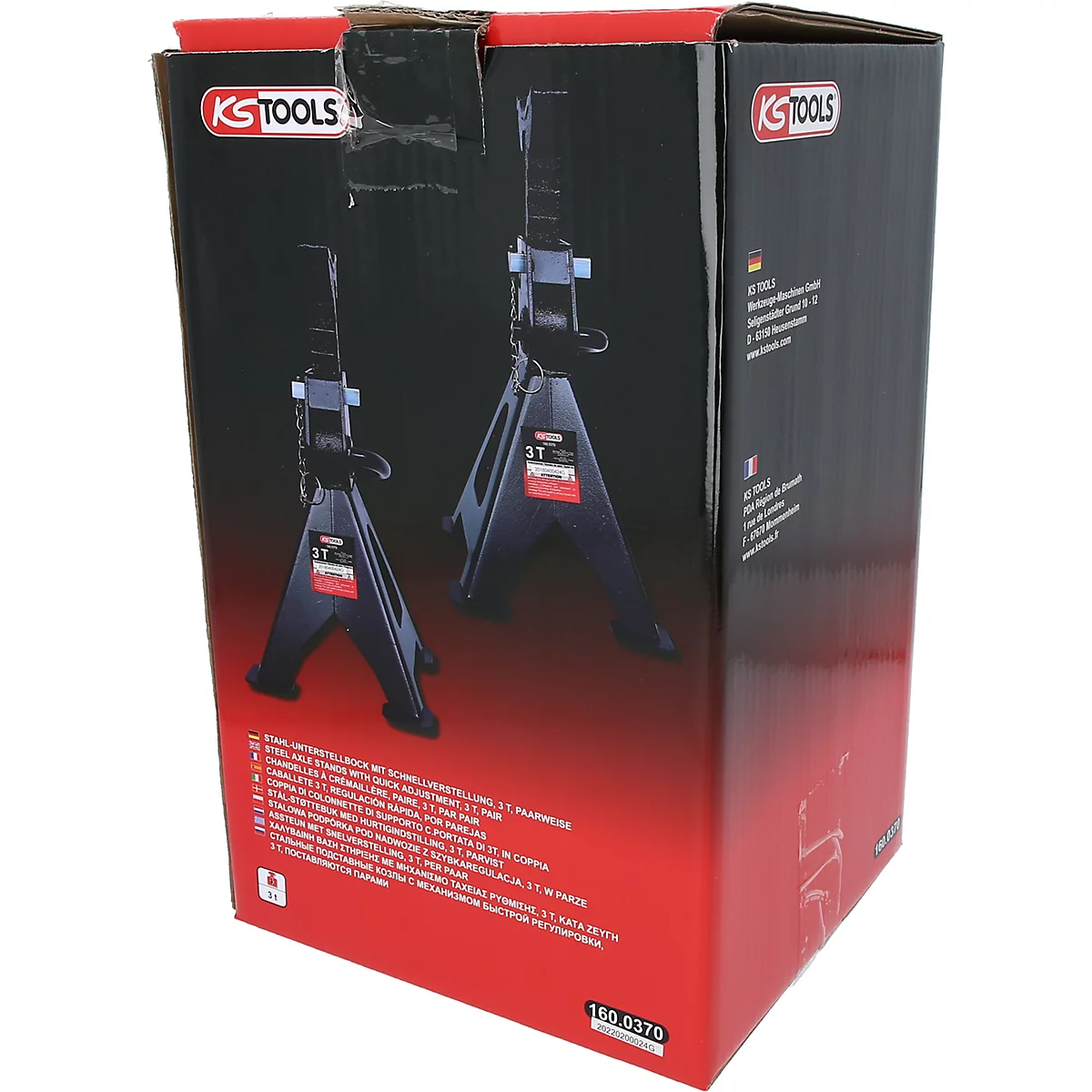 Eine Produktverpackung mit zwei schwarzen Wagenhebern mit KS TOOLS Logo. Auf der Verpackung sind weitere Informationen abgebildet.